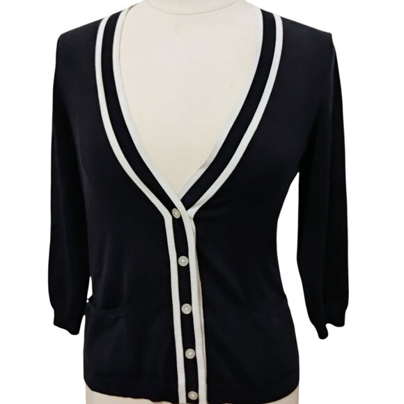 Ralph Lauren Sweater Cardigan Silk V Neck Navy Ivory Preppy Office Nautical S - Picture 3 of 14